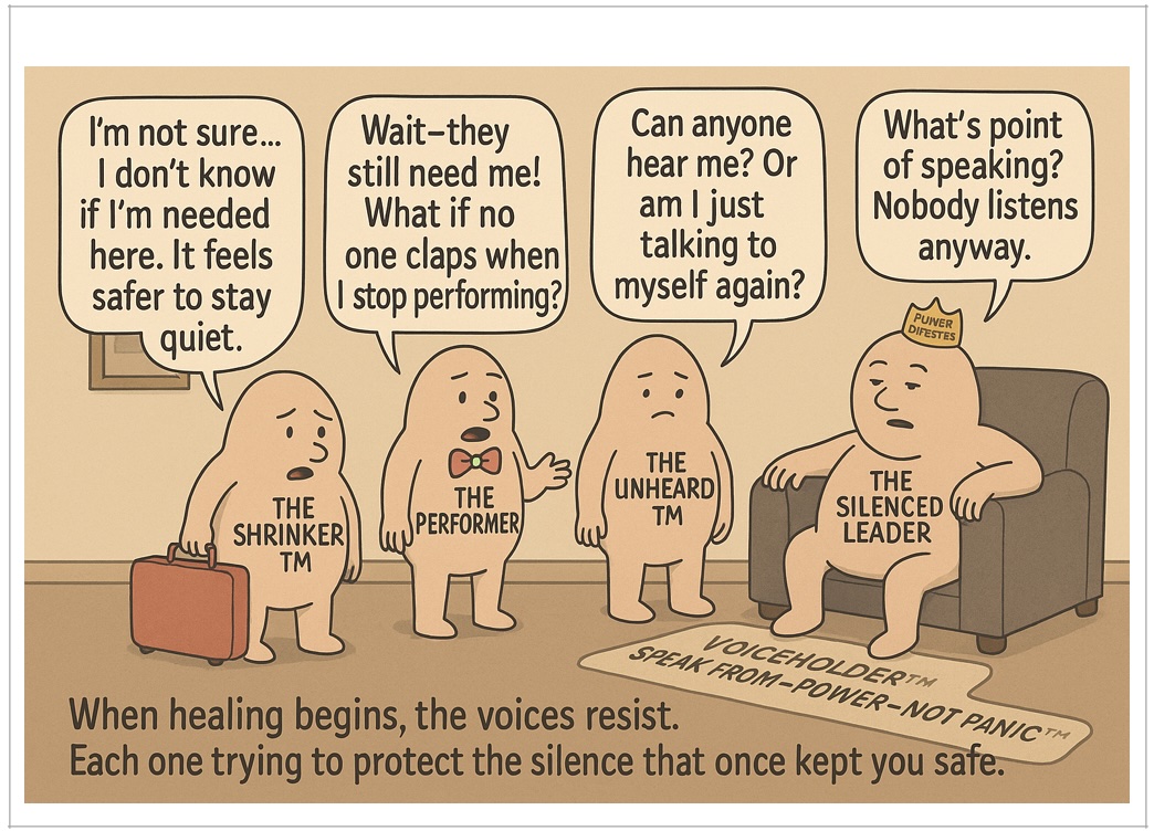 Comic — the inner voices resisting healing: Shrinker, Performer, Unheard and Silenced Leader